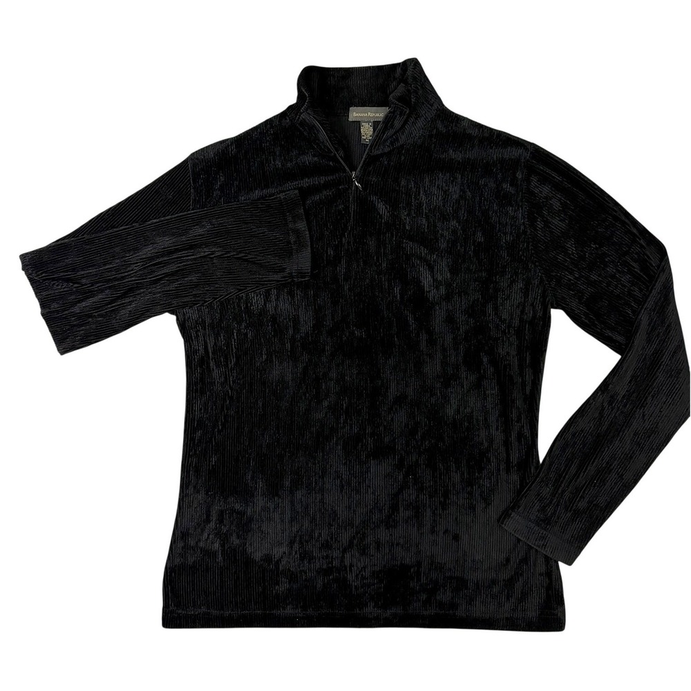 Vintage Banana Republic Black Pleated Quarter Zip Mock Neck M Long Sleeve Top